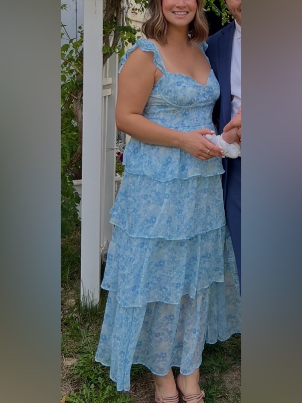 Astr Light Blue Floral Tiered Wedding Guest Dress